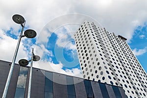 Modern buildings and street lights