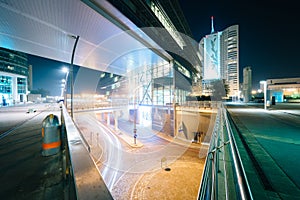 Modern buildings and street at night, in Donau City, in Vienna,