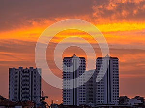 Modern buildings at sunset