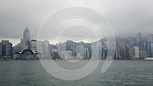 Modern buildings view from Victoria harbour in Hong Kong landmark