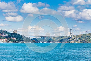 Modern builings and Rumelian Castle, and Fatih Sultan Mehmet Bridge across the Bosphorus strait in Istanbul Turkey from ferry on a