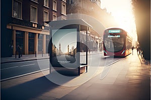 Modern bus stop in the city at sunset. 3D Rendering