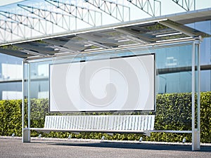 Modern bus stop with horisontal blank billboard. 3d rendering