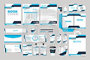 Modern business advertisement stationery set design with blue and dark colors. Corporate identity template with creative shapes.