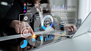 Modern Business Analytics and Data Visualization with Person Using Laptop in Office with Interactive Graphs and Charts