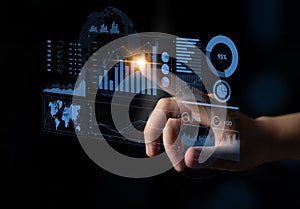 Modern Business Analytics Visualization with Interactive Data Graphs and Charts on Dark Background for Technology and