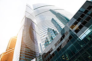 Modern business buildings. The exterior of the building is made of metal and glass. Moscow.