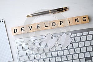 Modern business buzzword - developing. Top view on wooden table with blocks. Top view