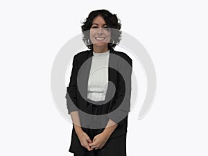 Modern business caucasian woman smiling, white background
