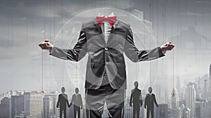 Modern Business Concept with Man Wearing Suit and Red Tie. Surreal Cityscape in Background. Creative Businessman Image