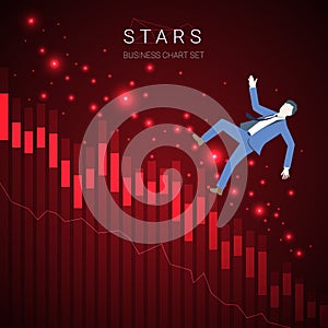 Modern business decline chart vector with a businessman falling down and stars on dark red background.