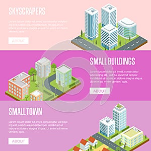 Modern business district isometric banners set