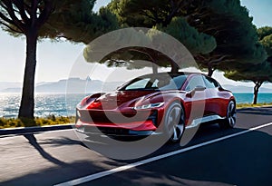 Modern business electric car driving along the seashore at high speed, The car rushes through a beautiful landscape