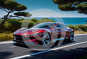 Modern business electric car driving along the seashore at high speed, The car rushes through a beautiful landscape