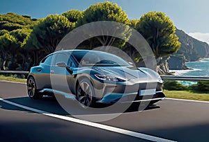 Modern business electric car driving along the seashore at high speed, The car rushes through a beautiful landscape