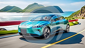 Modern business electric car driving along the seashore at high speed, The car rushes through a beautiful landscape