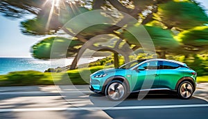 Modern business electric car driving along the seashore at high speed, The car rushes through a beautiful landscape