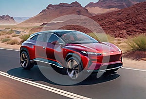 Modern business electric car driving through the desert at high speed, The car rushes through a beautiful landscape