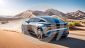 Modern business electric car driving through the desert at high speed, The car rushes through a beautiful landscape