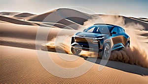 Modern business electric car driving through the desert at high speed, The car rushes through a beautiful landscape