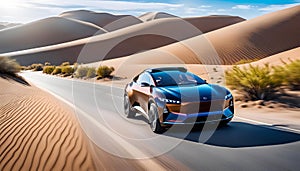 Modern business electric car driving through the desert at high speed, The car rushes through a beautiful landscape