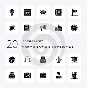 20 Modern Business And Business Essentials Solid Glyph icon Pack like envelope communication call email help