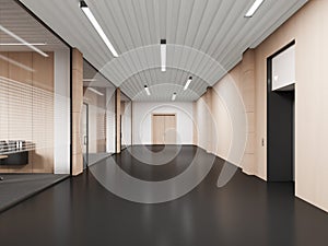 Modern business hallway interior with glass doors and office room