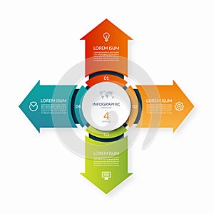 Modern business infographic circle with 4 arrows pointing from the center .4-step vector template for infographics