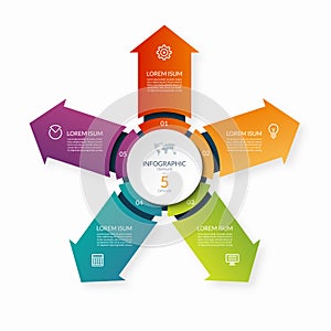 Modern business infographic circle with 5 arrows pointing from the center. 5-step vector template for infographics