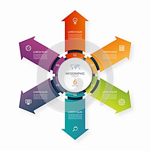 Modern business infographic circle with 6 arrows pointing from the center. 6-step vector template for infographics
