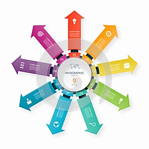 Modern business infographic circle with 9 arrows pointing from the center. 9-step vector template for infographics