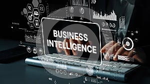Modern Business Intelligence Concept with Data Analysis and Technology Graphics on Keyboard Background. Asymptotic smart