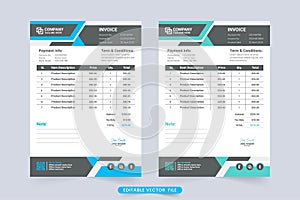 Modern business invoice and price receipt template vector. Company product purchase and cash receipt design with blue and green