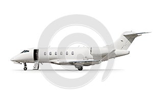 Modern business jet with an opened gangway door isolated on white background