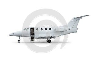 Modern business jet with an opened gangway door isolated on white background