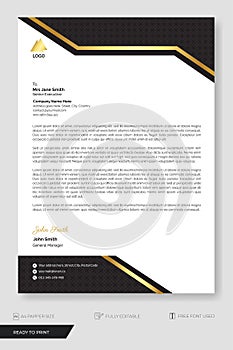 Modern business letterhead template black gold header pattern.