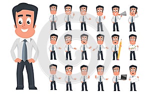 Modern business man character with different facial emotions and poses. Cartoon business character icon set isolated on white