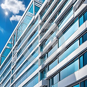 The modern business office building is a towering skyscraper with a glass facade