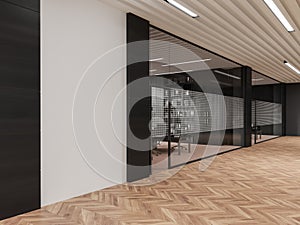 Modern business office interior with glass doors and business room, mockup wall