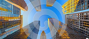 Modern business office skyscrapers reflecting against clear blue sky, urban architecture