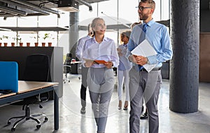 Modern business people have a discussion while walking through the office