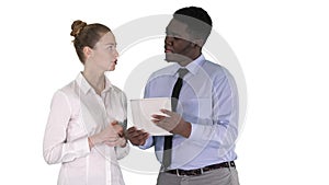 Modern business people working on a tablet on white background.