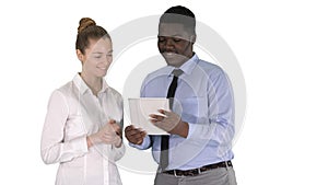 Modern business people working on a tablet on white background.