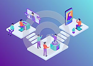 Modern business process workflow with team people work in office with isometric flat style