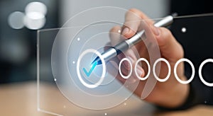 Modern Business Professional Marking A Task Complete With Digital Checklist On Transparent Screen