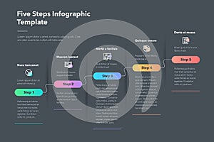 Modern business progress infographic template with five successive steps - dark version