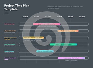 Modern business project time plan template with colorful project tasks in time intervals - dark version