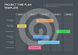 Modern business project time plan template with project tasks in time intervals - dark version