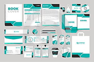 Modern business promotional stationery template collection with creative shapes. Brand identity ID card, email signature, and door