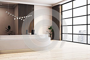 Modern business reception desk area in an office building interior with a city view background, showcasing an empty, clean space.